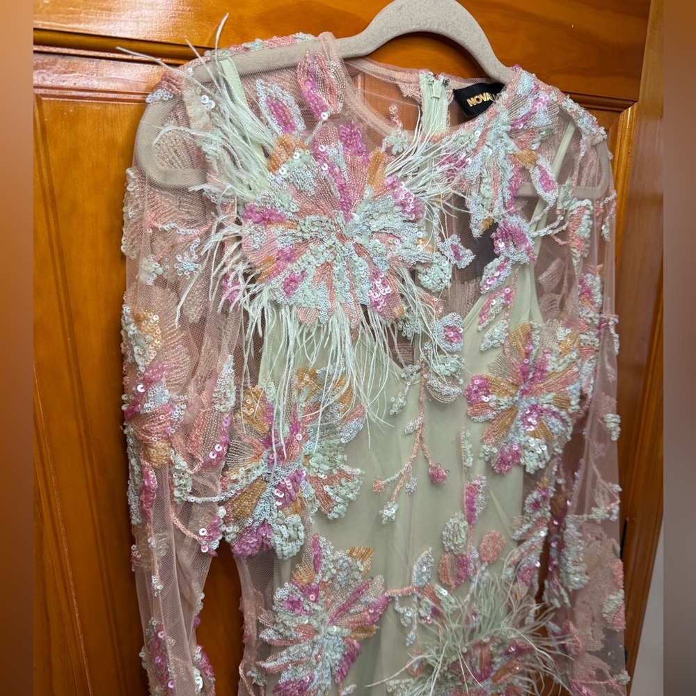 Fashion Nova Luxe Laney Feather Sequin Mini Dress Mint Green Colorful Small NEW - Picture 3 of 12